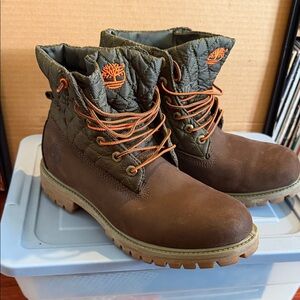Timberland Brown Nubuck Quilted Olive Collar Work Boots with Orange Accents